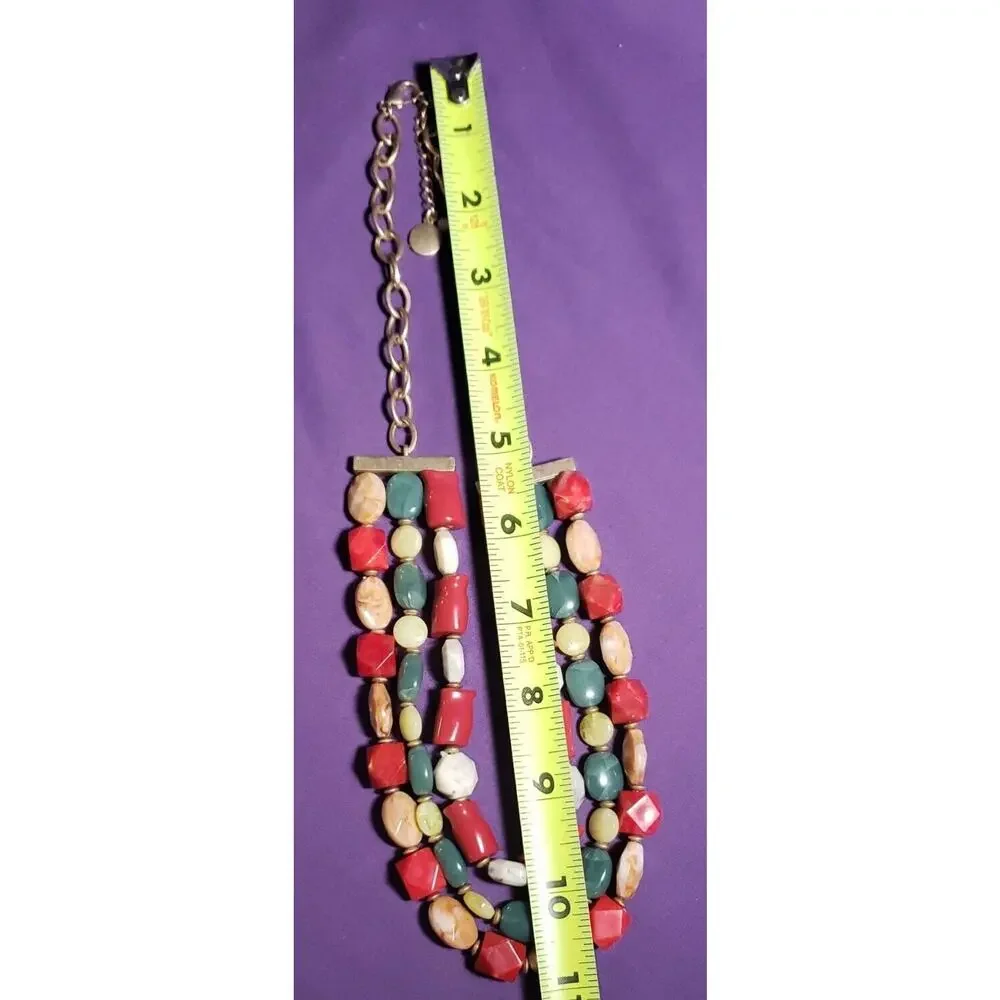 Dana Buchman Signed Three Layer Multicolored Necklace, Matte Yellow Gold Tone